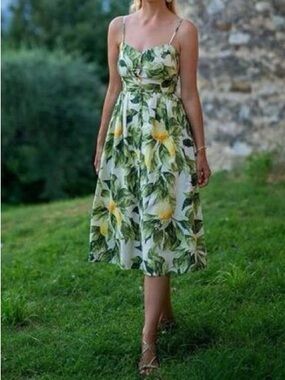 H&M Linen Blend Floral Lemon Strappy Fit and Flare Button Front Dress Large